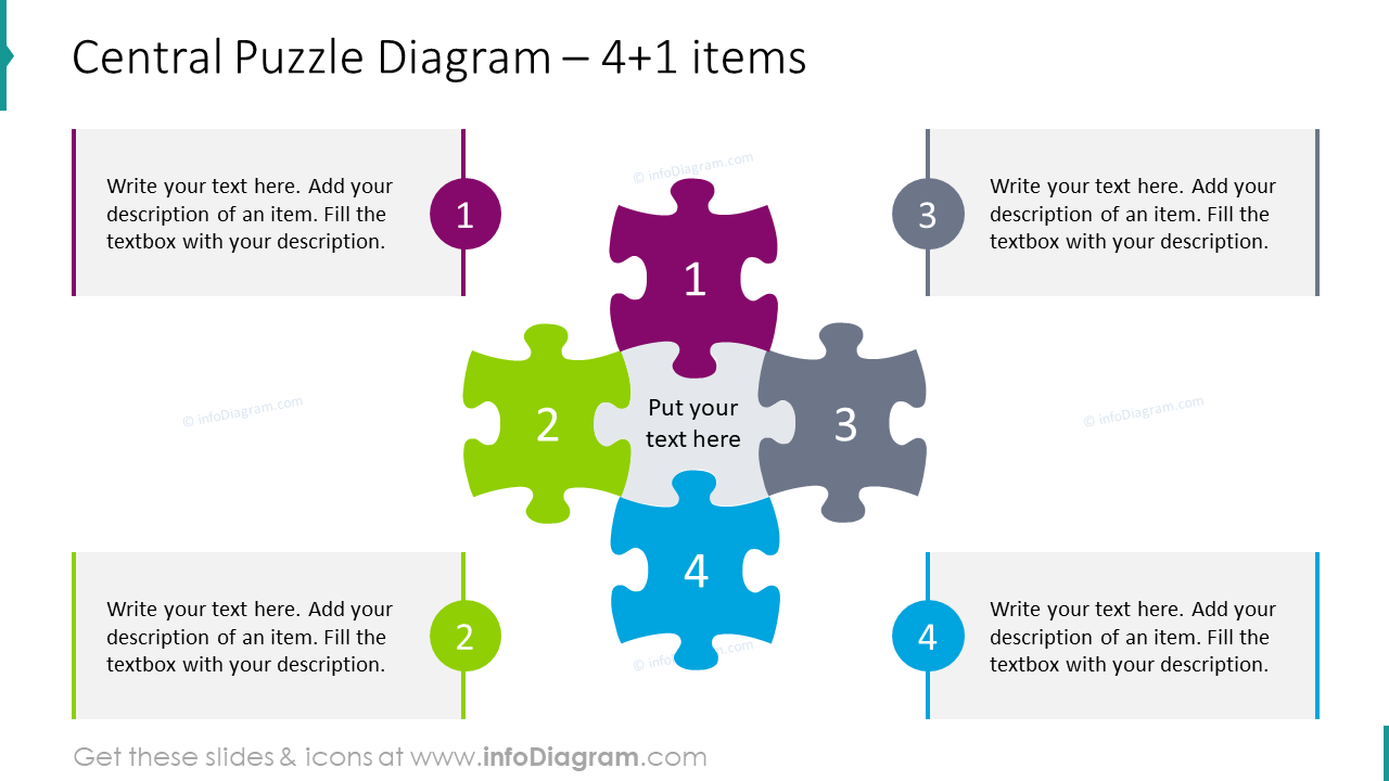 Diagrama de rompecabezas central para 4+1 elementos