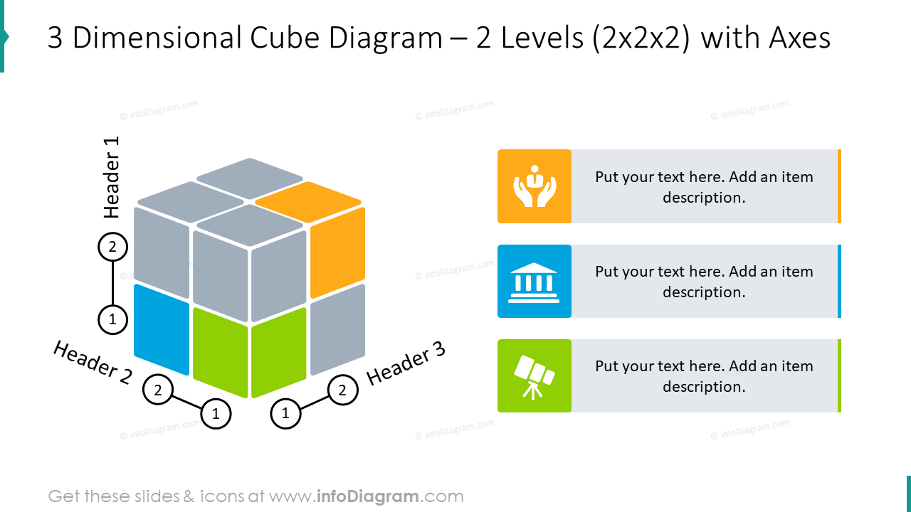 3 dimensional cube slide  for 2 levels with axes