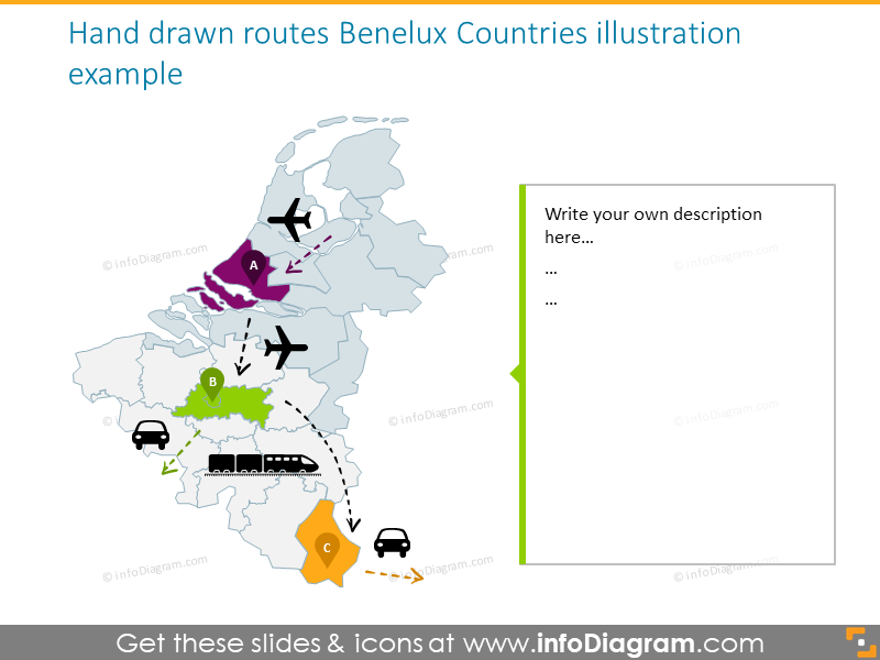 Benelux countries hand drawn routes map