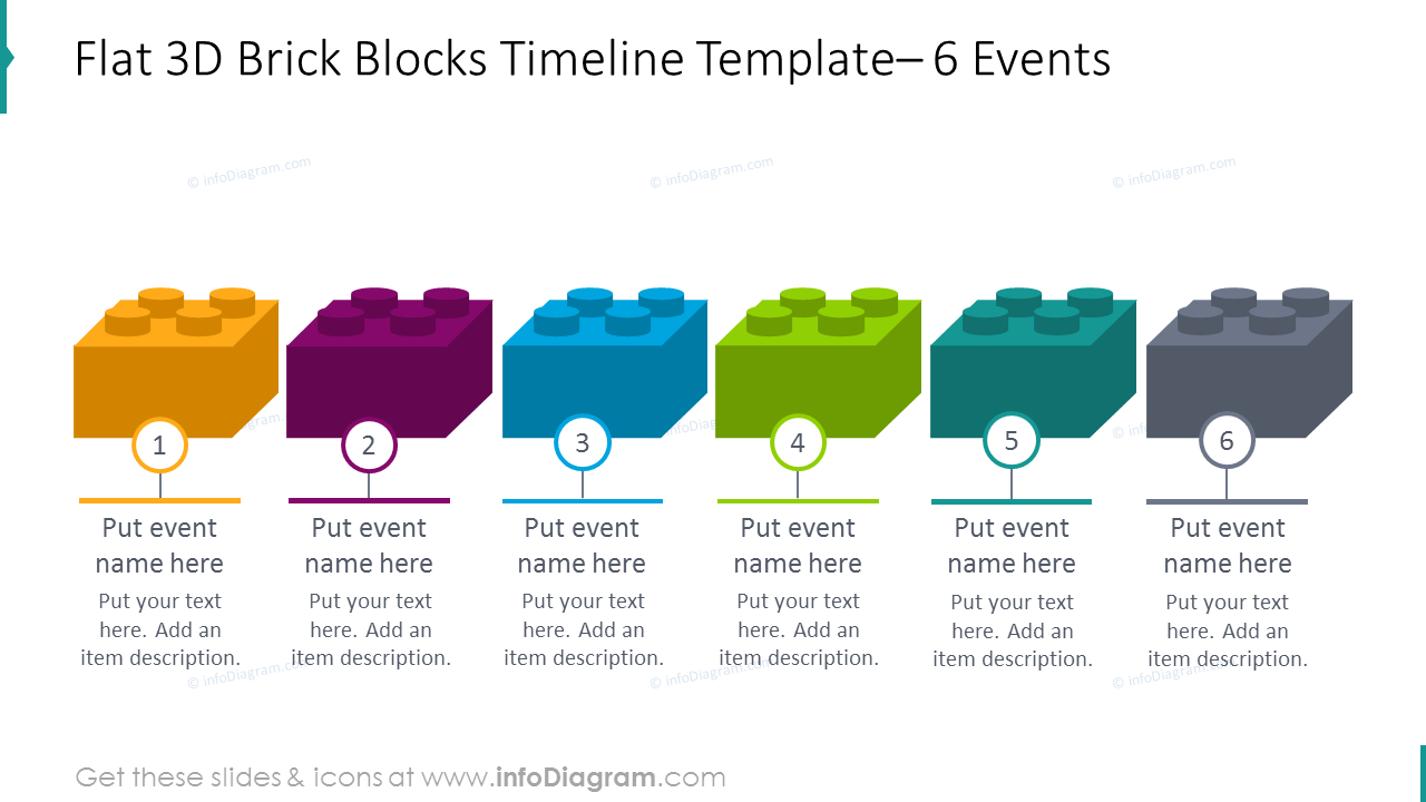 Modèle pour le placement d'une chronologie de blocs 3D plats 6 événements