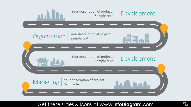 Skyline pathway departments roadmap flat infographics