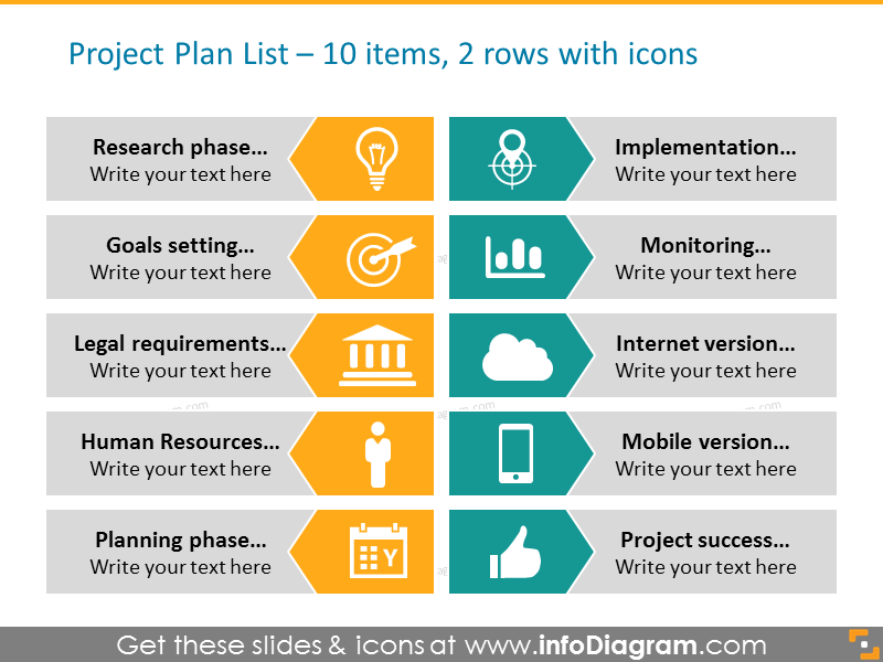 Arrow Diagram Example for Project plan with icons - project phases in 2 columns