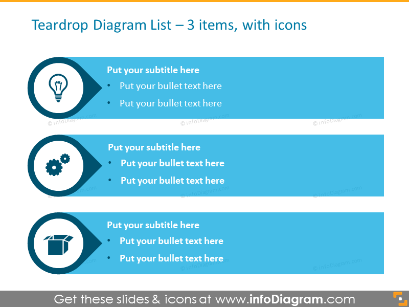 Teardrops List for placing 3 items, with icons 