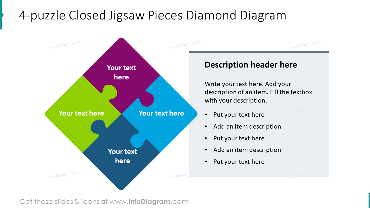 diagrama de piezas de rompecabezas cerradas en forma de diamante de 4 piezas