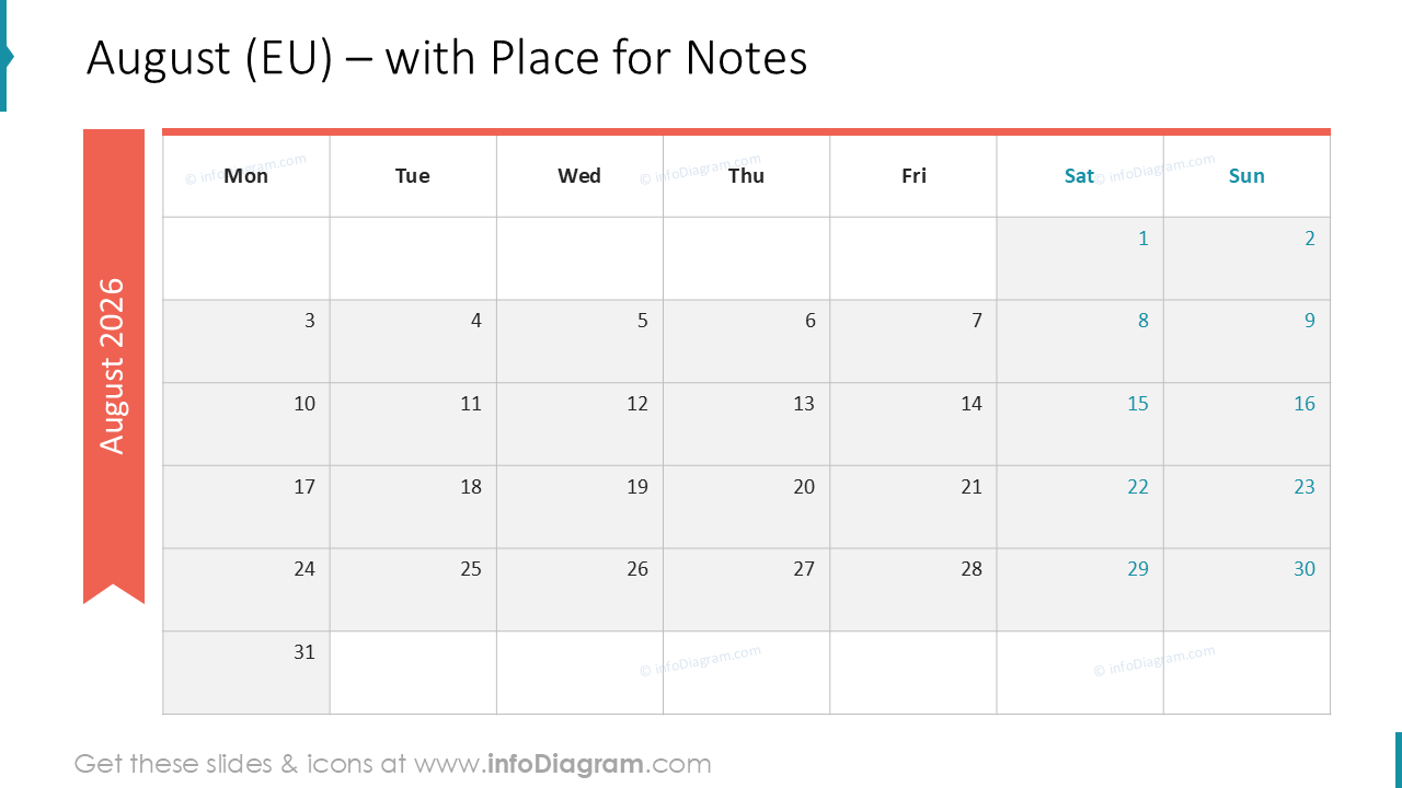 August (EU) – with Place for Notes