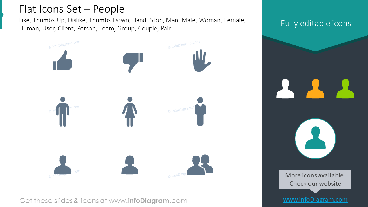 Flat icons set: like, thumbs up, dislike, thumbs down, hand