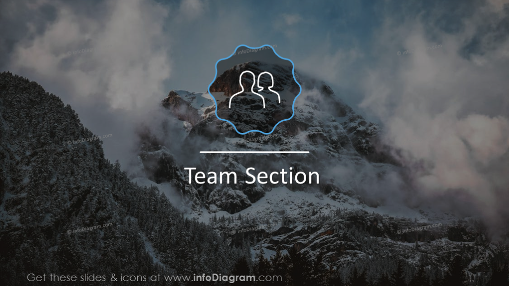 Diapositiva de sección de equipo sobre un fondo de imagen con ícono