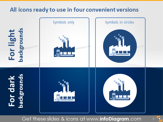 Production industry icons powerpoint dark light background