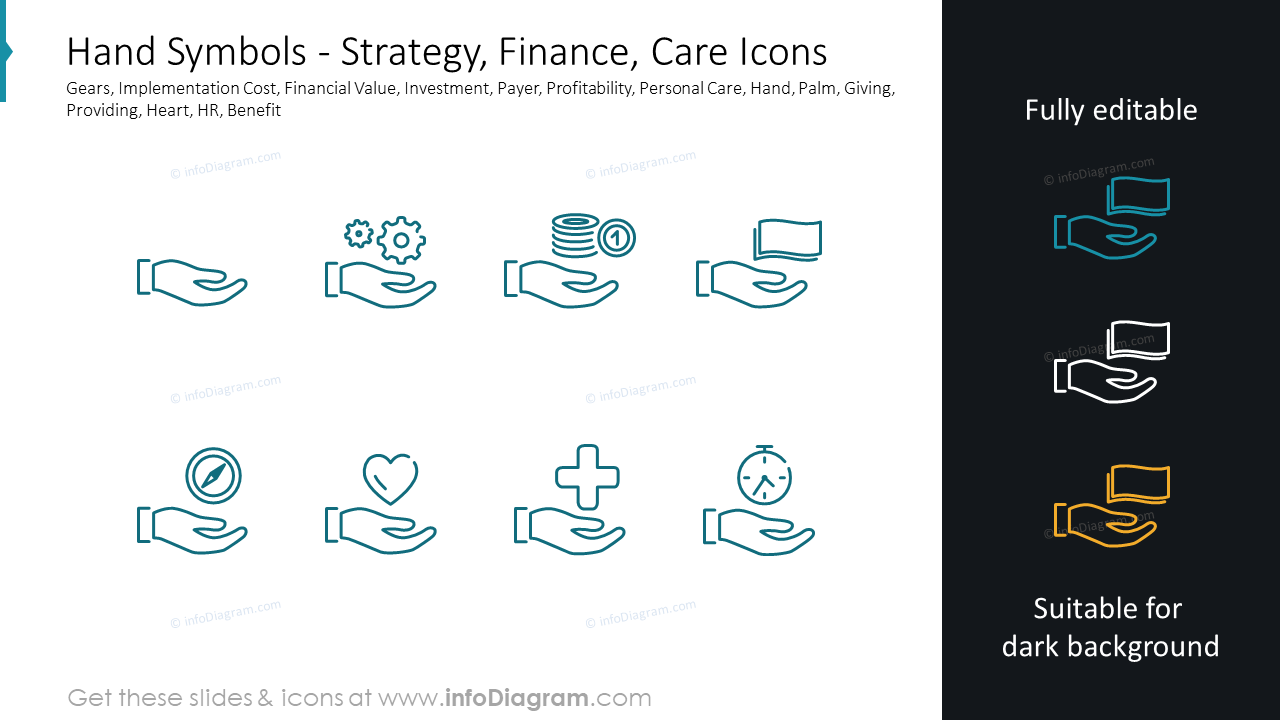 Hand Symbols - Strategy, Finance, Care Icons