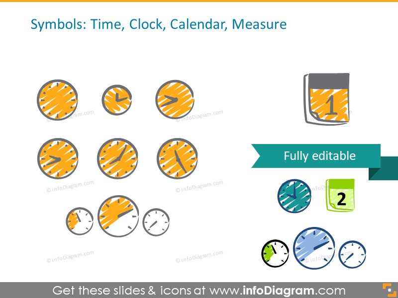 iconos de calendario horario en manuscrito de reloj garabateado ppt clipart