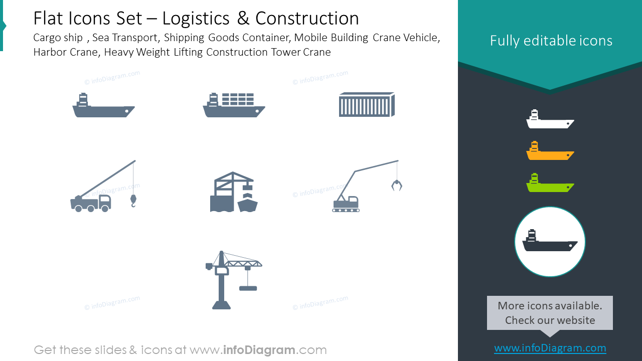 Flat icons: logistics, construction, cargo ship, sea transport