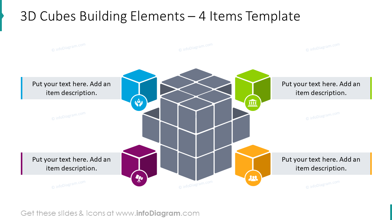 Diapositive des éléments de construction de cubes 3D avec des boîtes de description.