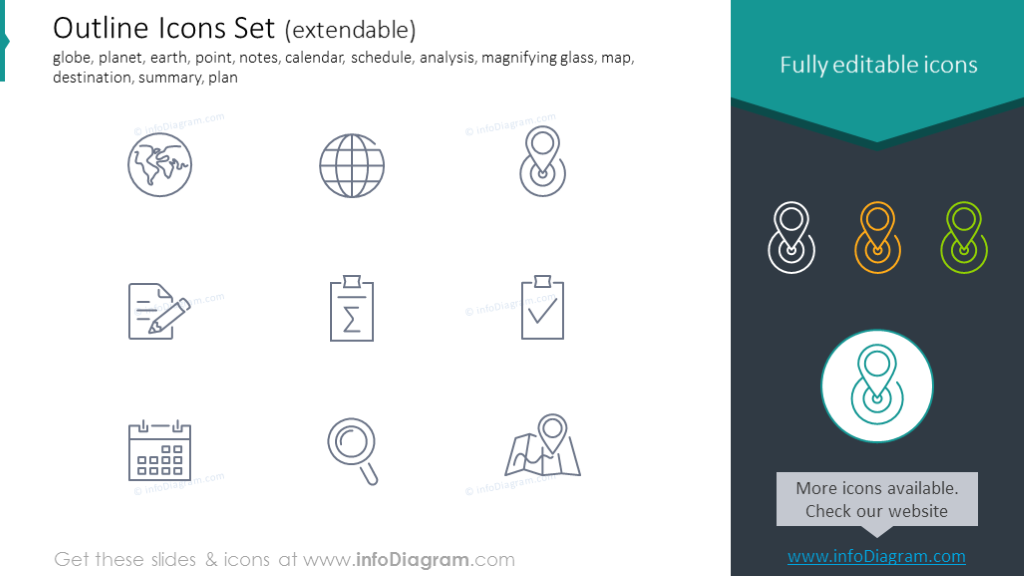Outline icons: globe, planet, earth, point, notes, calendar, schedule