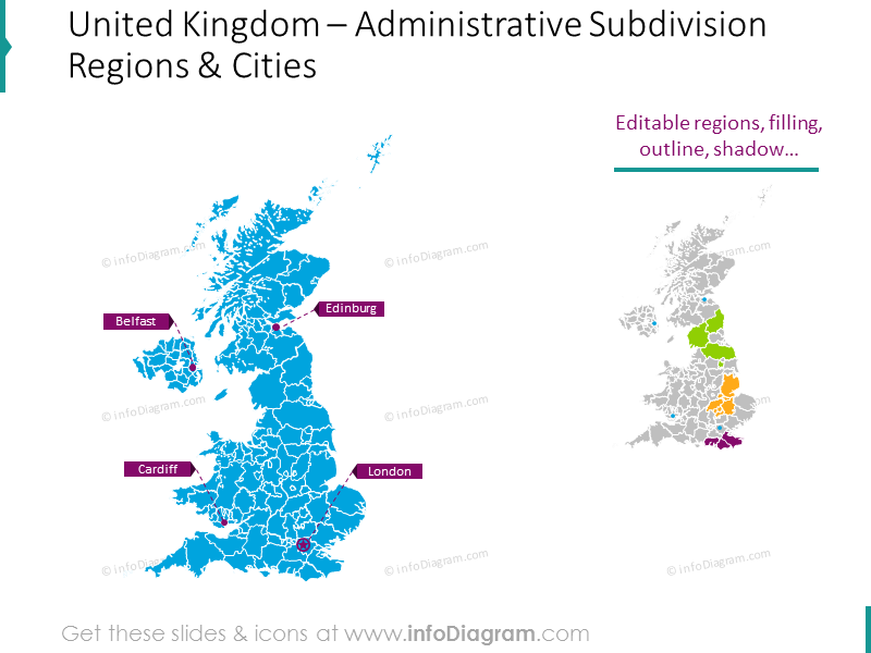 Mapa de regiones y ciudades de subdivisiones administrativas del Reino Unido