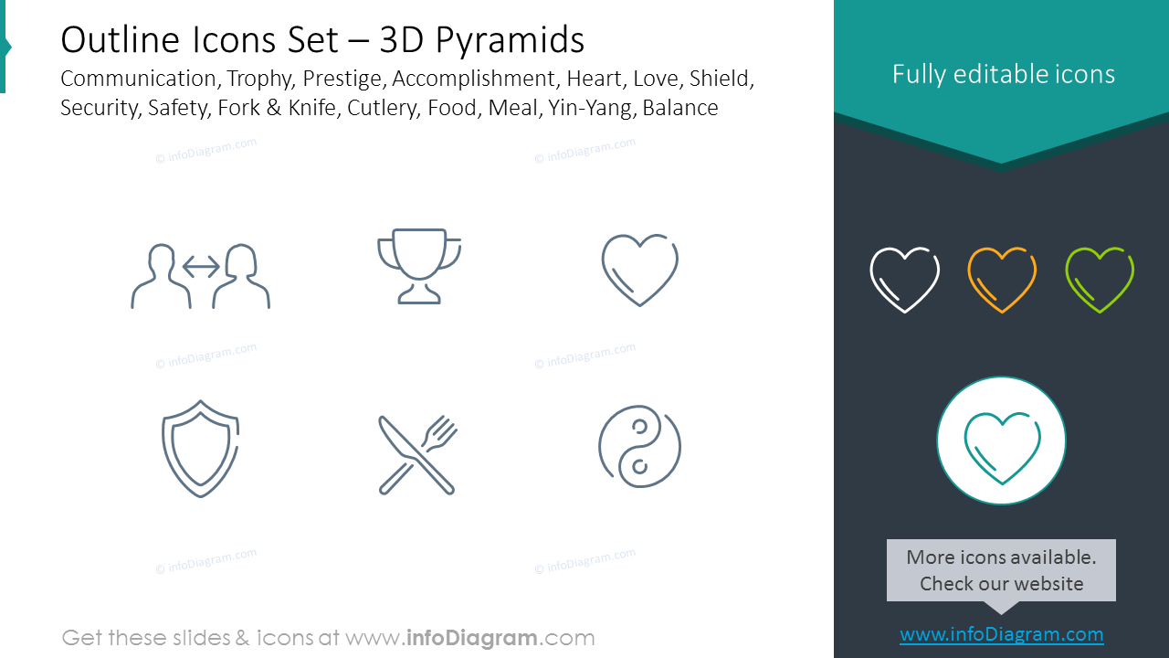 Outline style icons set: trophy, prestige, accomplishment, heart