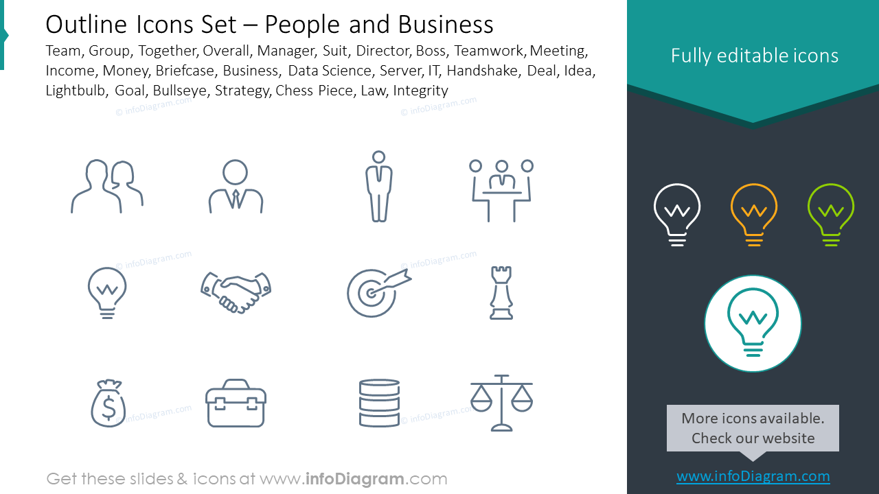 Outline style icons set: team, group, together, overall, manager