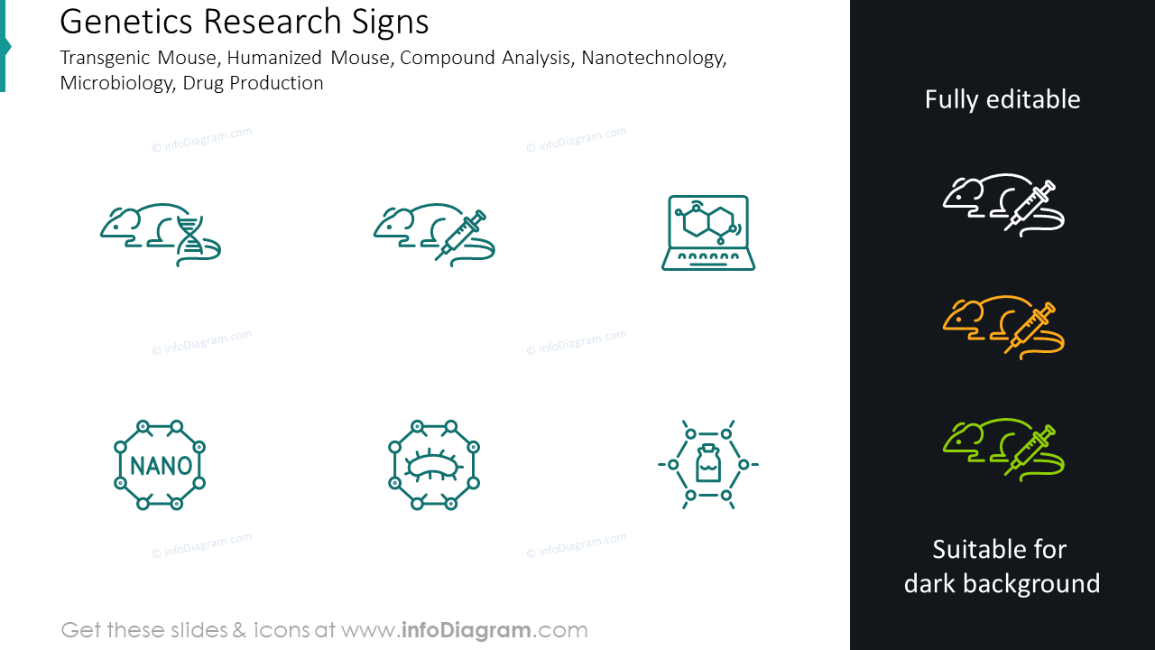 Genetics research signs: transgenic mouse, humanized mouse, compound analysis