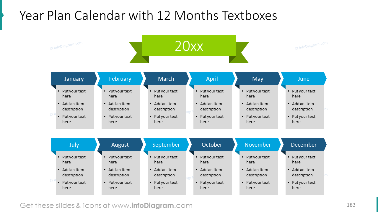 Year plan calendar with 12 months textboxes