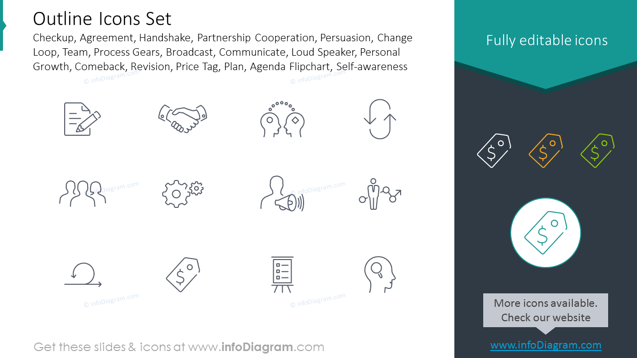 Outline Style Icons: agreement, handshake, partnership, persuasion