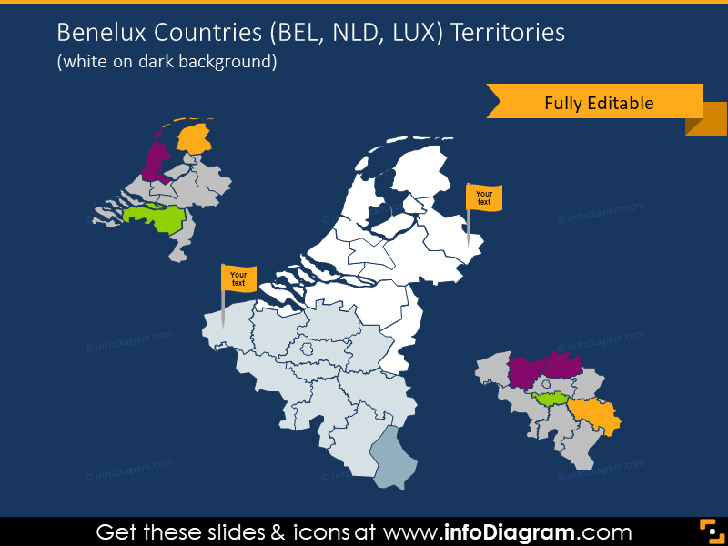 Mapa de los países del Benelux ilustrado sobre fondo oscuro