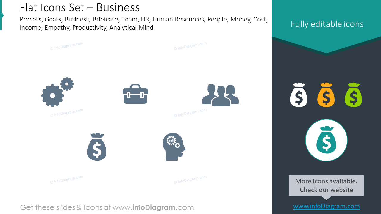 Flat icons set: business process, gears, business, briefcase