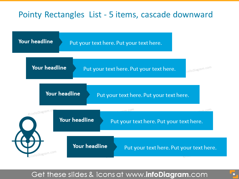 Pointy Rectangles List -  5 Items Cascade Downward Slide