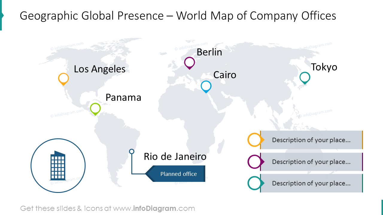 Mapa del mundo con oficinas de la empresa marcadas y descripción en texto