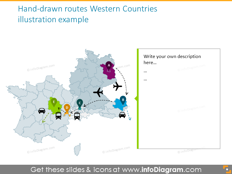 Western countries map with hand drawn routes