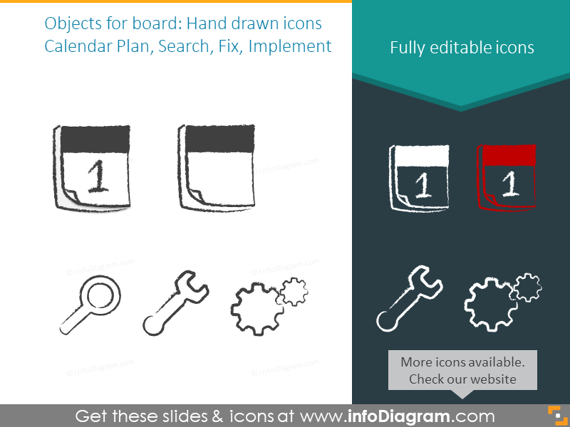 Handgezeichnete Icons: Kalenderplan, Suche, Fixieren, Implementieren