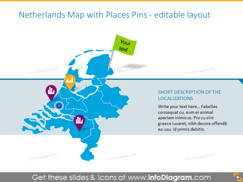 Exemple de carte des Pays-Bas avec des épingles de lieux.