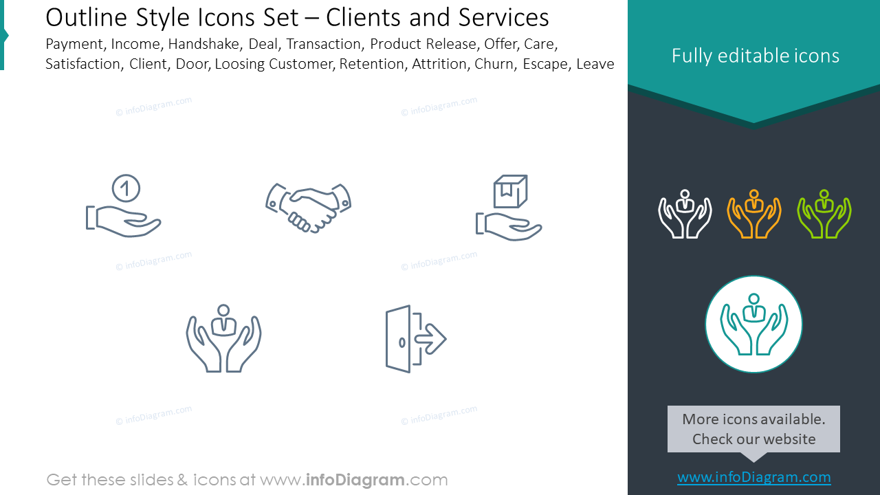 Outline icons set: payment, income, handshake, deal, transaction