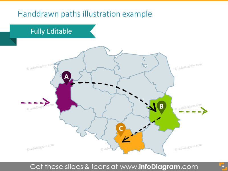 Exemplo do mapa da Polônia ilustrado com caminhos desenhados à mão