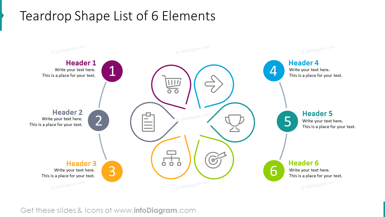Teardrop shape list of six elements