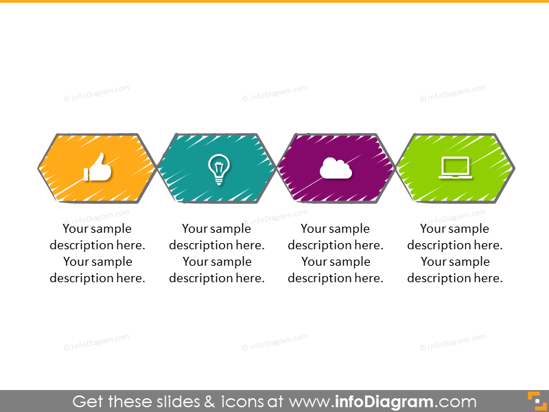 Diagramme de liste horizontale en formes hexagonales avec 3 éléments