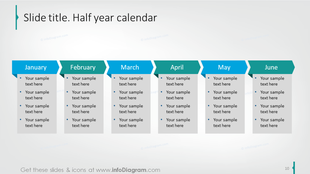 Exemple de calendrier de six mois avec description pour chaque mois.
