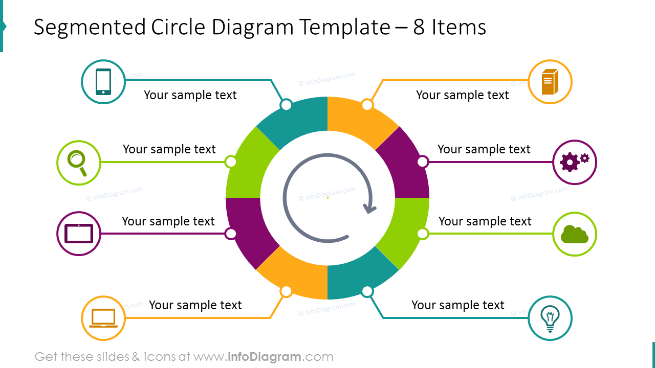 Segmentierter Kreisdiagramm für 8 Elemente mit flachen Icons dargestellt