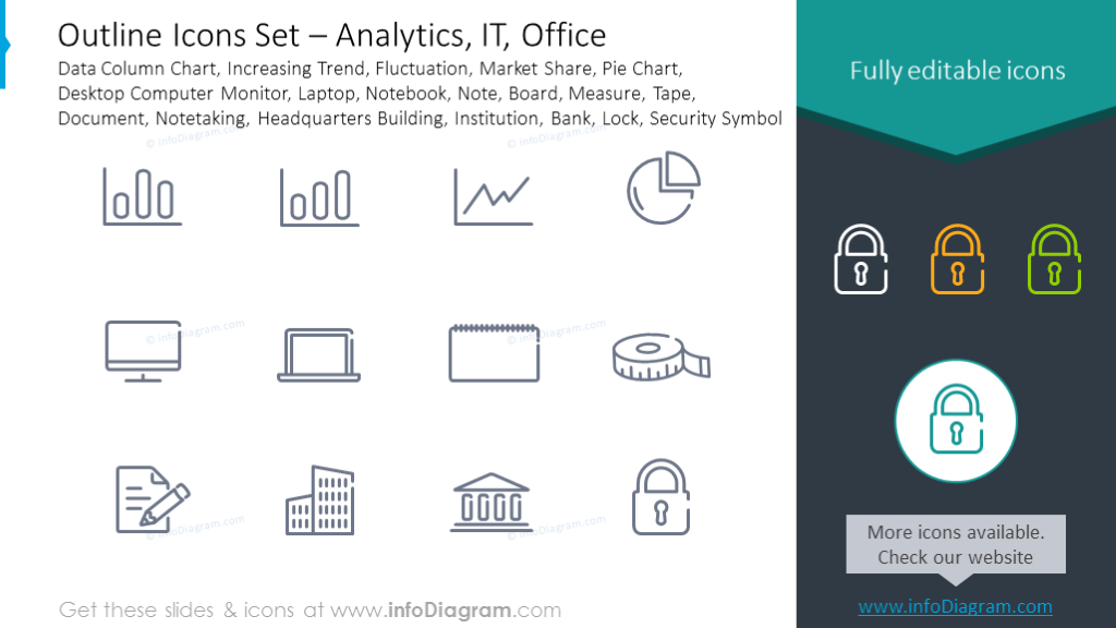 Symbolset: Analysen, Schwankungen, Laptop, Notizbuch, Messen, Notizen machen
