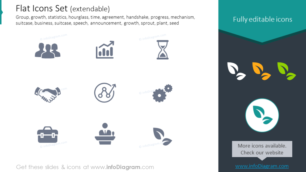 Icons set: statistics, hourglass, agreement, suitcase, business, sprout