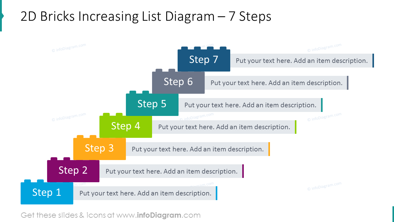 2D bricks increasing list diagram for 7 steps