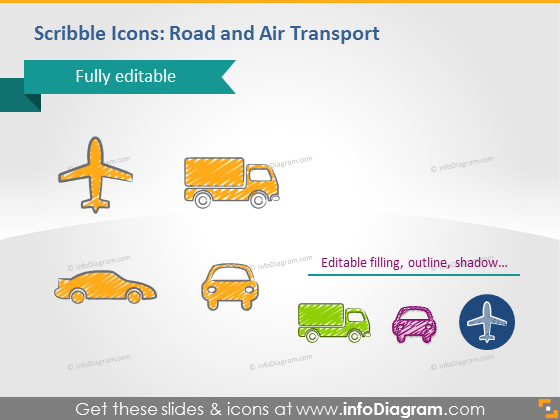 Icônes de gribouillage, transport aérien, pictogrammes PowerPoint