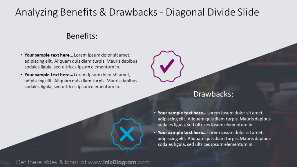 Diapositiva de Beneficios y Desventajas (Pros y Contras PPT) - infoDiagram