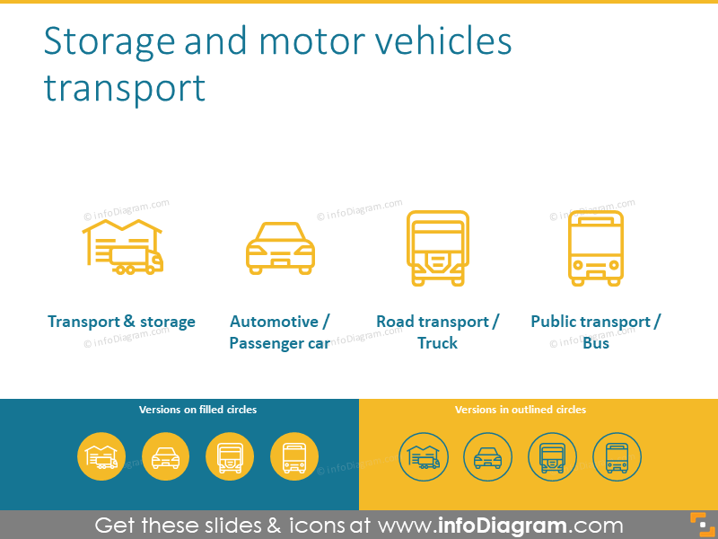 Conjunto de íconos de almacenamiento y transporte de vehículos de motor