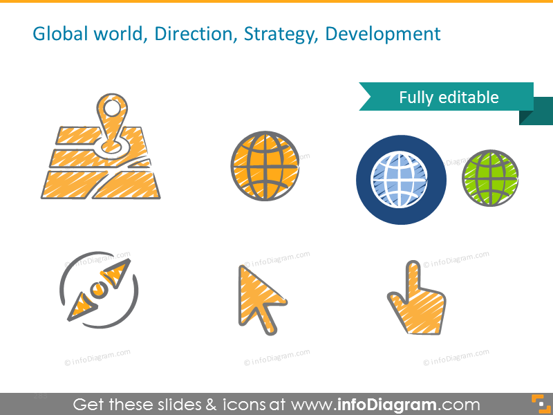 Exemple de symboles de monde global, direction, stratégie, développement.