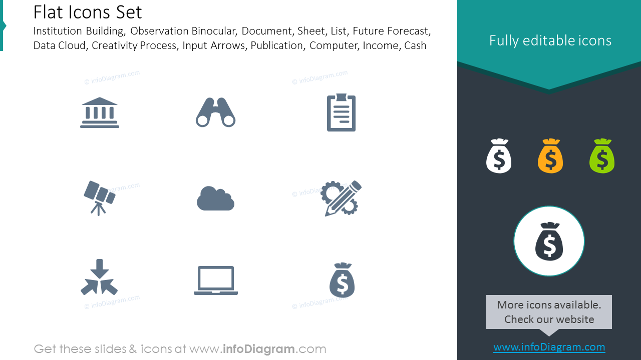 Flat icons: institution building, observation binocular, document,
