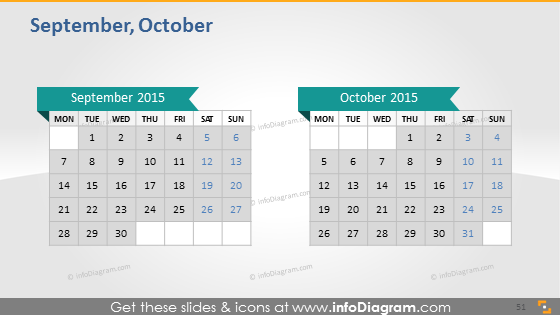 Calendários escolares 2015 2016 gráficos (tabelas e ícones PPT, datas ISO da UE)
