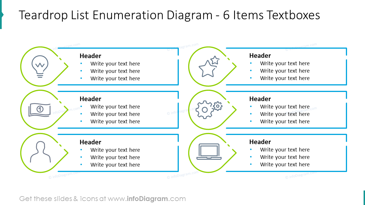 Tränenform-Liste Enumerationsdiagramm für sechs Elemente