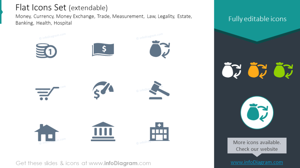 Flat Icons: Currency, Money Exchange, Trade, Legality, Estate, Banking