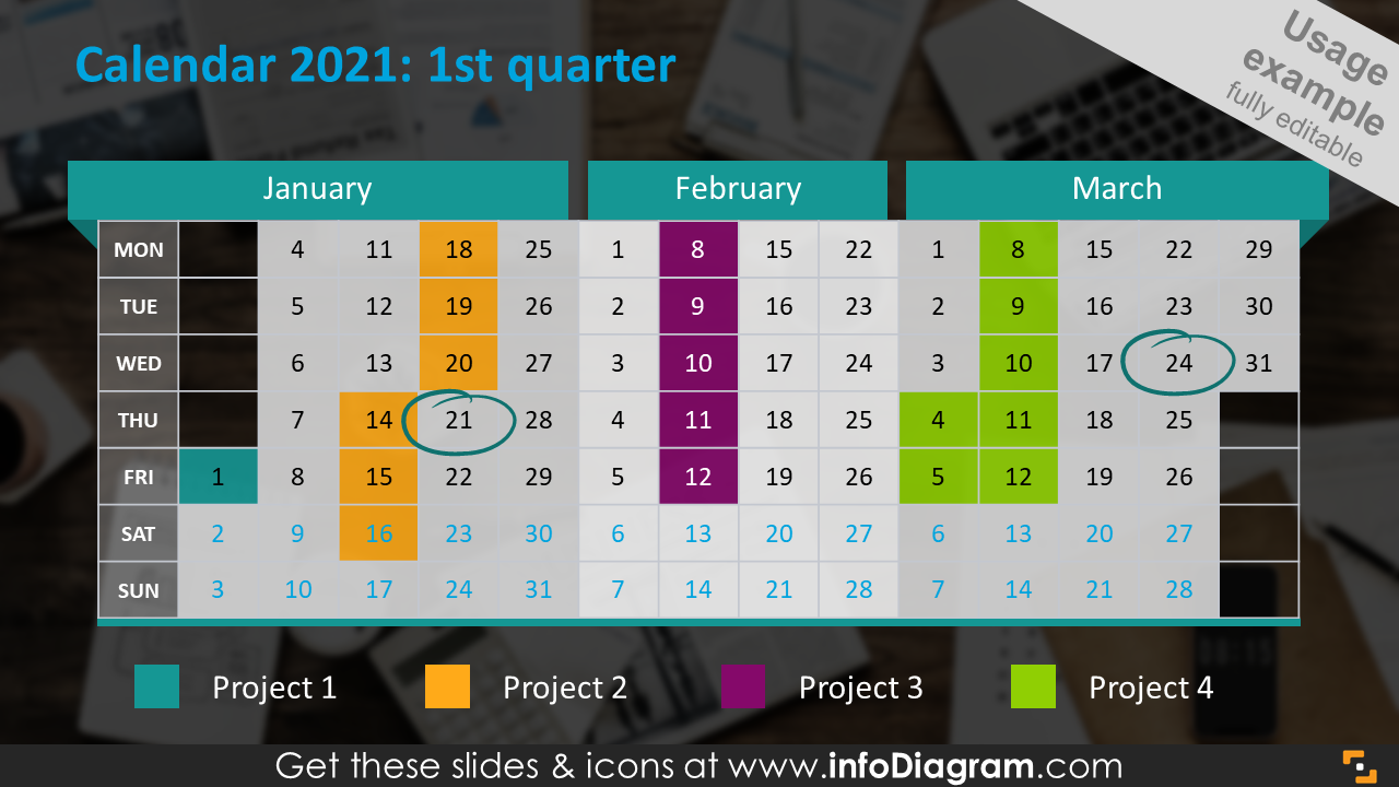 Quarterly calendar 2020 slide: first quarter