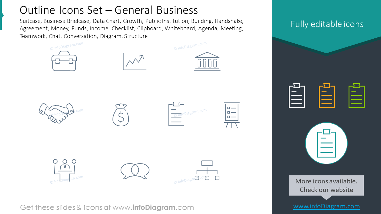 Outline icons set: general business suitcase, business