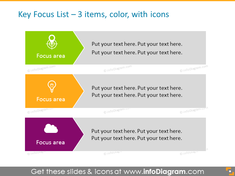 Arrow Diagram Template in color for placing 3 items, with icons